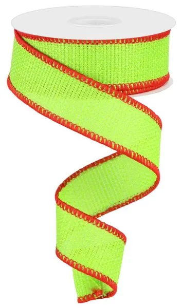 1.5"x10yd Cross Royal Burlap w/Stitched Edge, Lime Green/Red  JY19