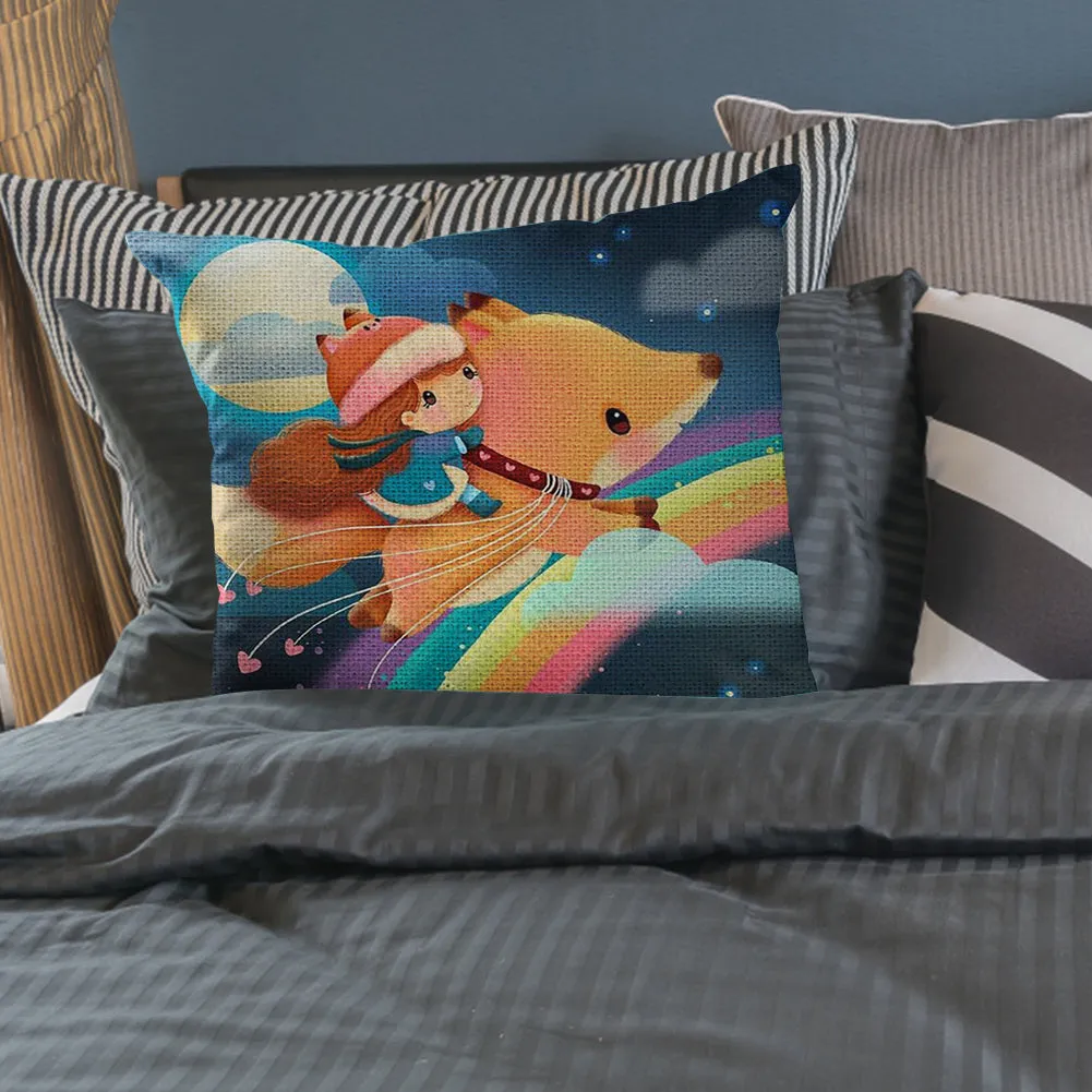 17.72x17.72In Fox Girl Cross Stitch Pillow Kit with Zip for Adults Sewing Craft