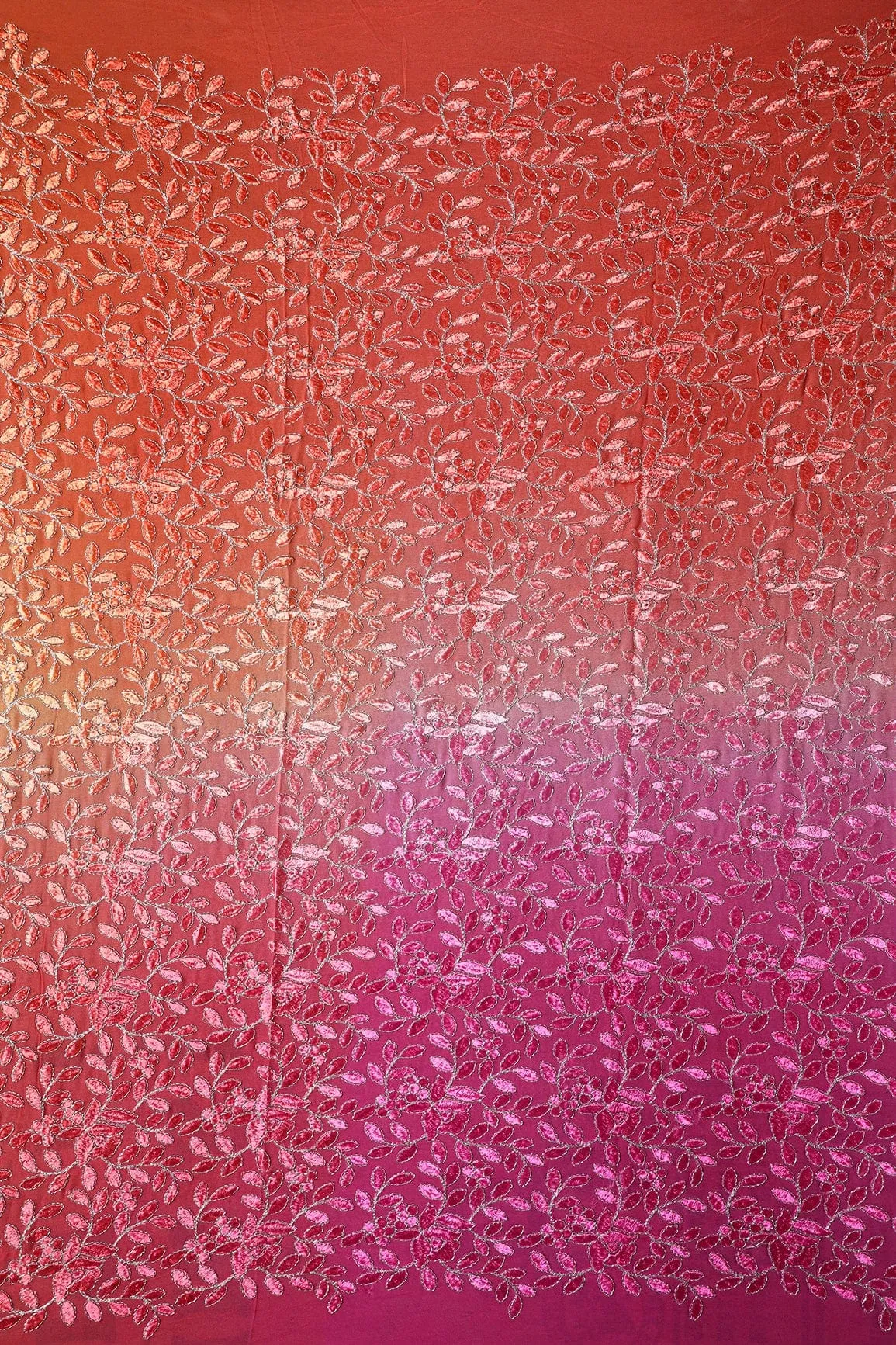 2 Meter Cut Piece Of Multi Thread With Zari Leafy Embroidery On Multi Color Viscose Georgette Fabric