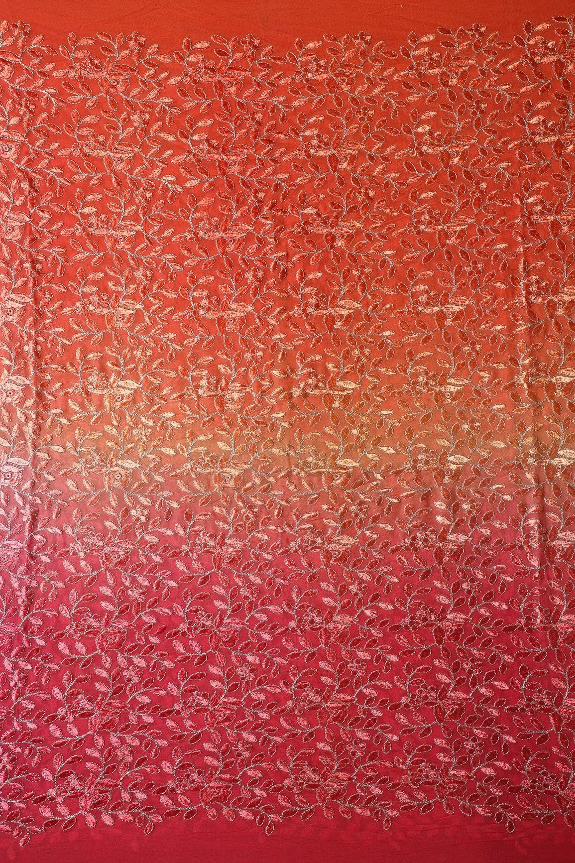 2 Meter Cut Piece Of Multi Thread With Zari Leafy Embroidery On Multi Color Viscose Georgette Fabric