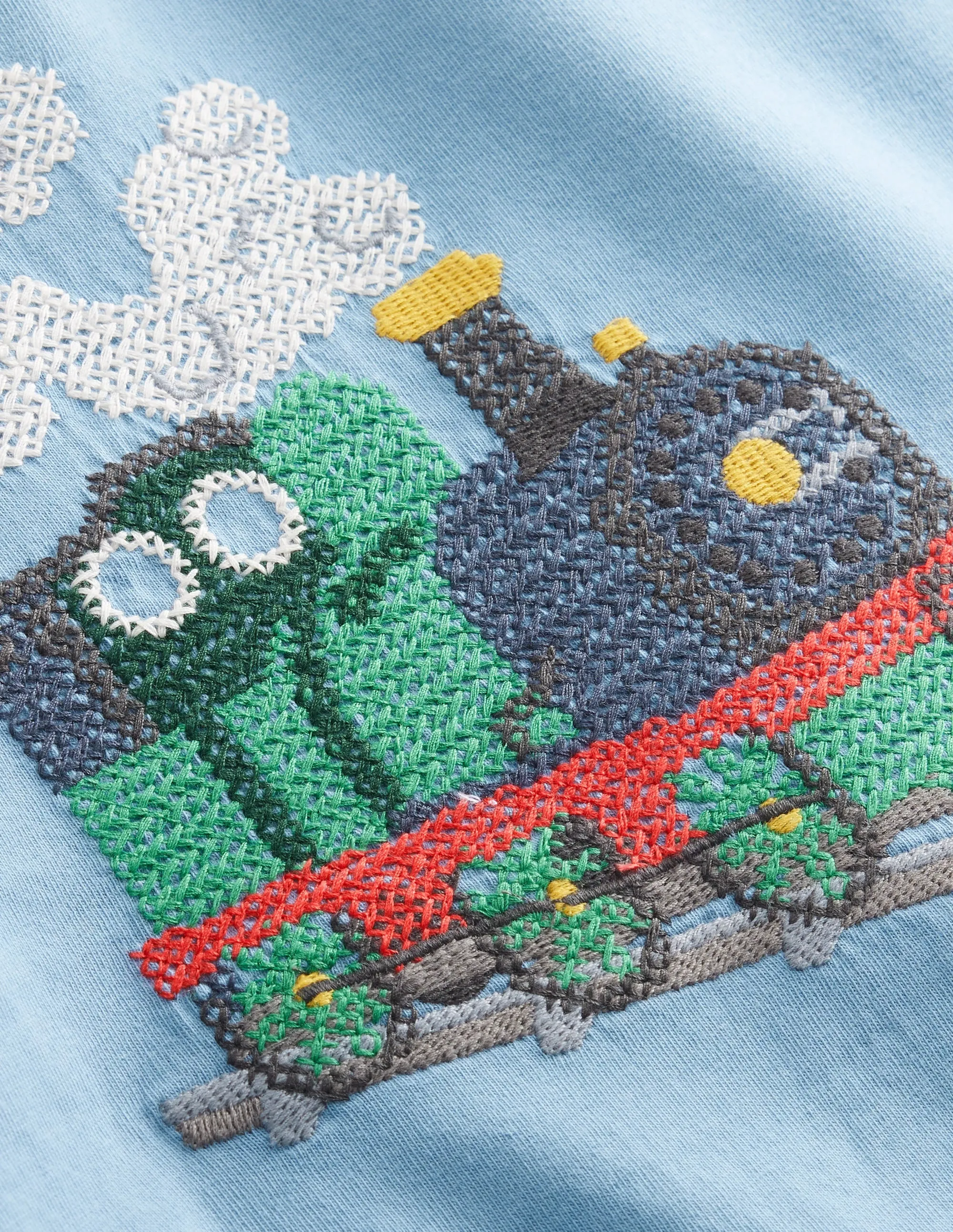 Cross-Stitch Cotton T-Shirt-Pebble Blue Train