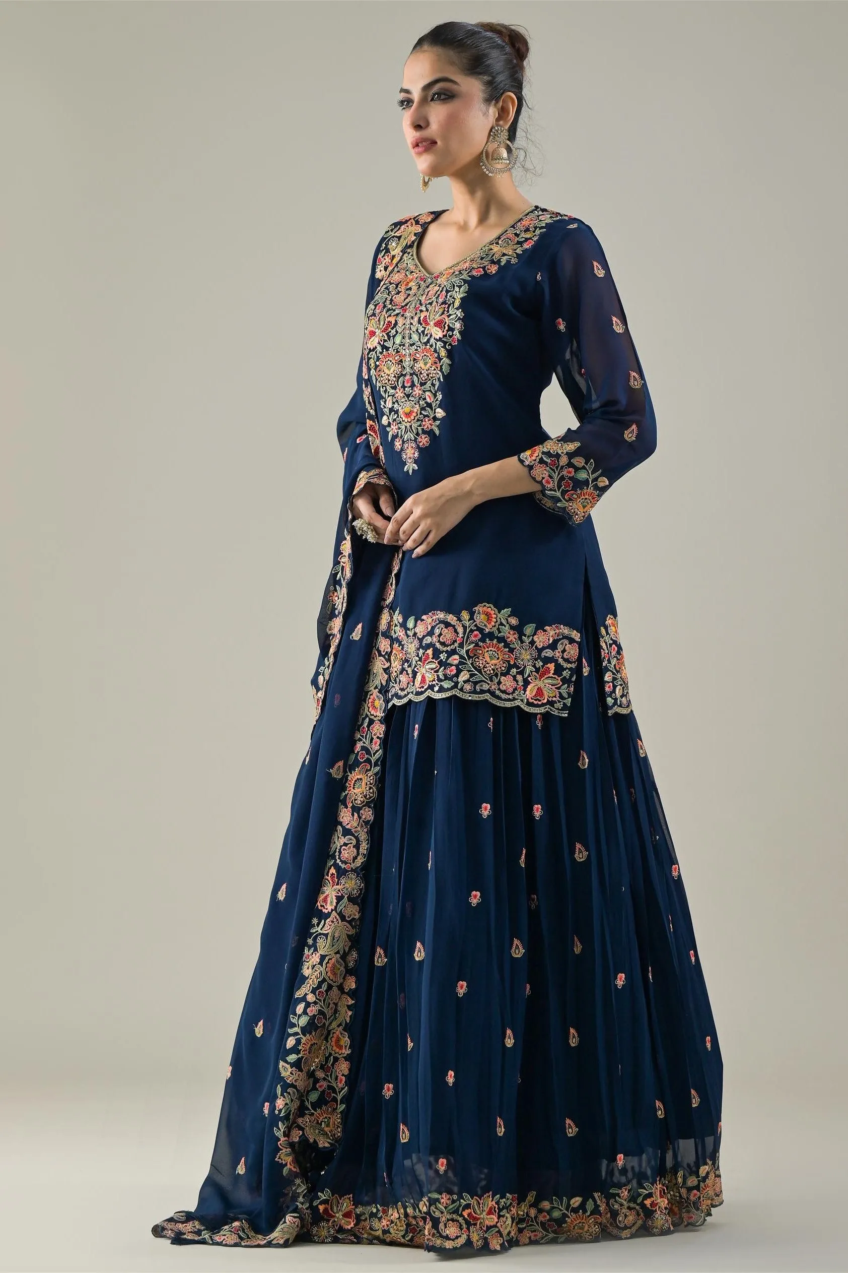 Deep Blue Embroidered Georgette Silk Lehenga Set