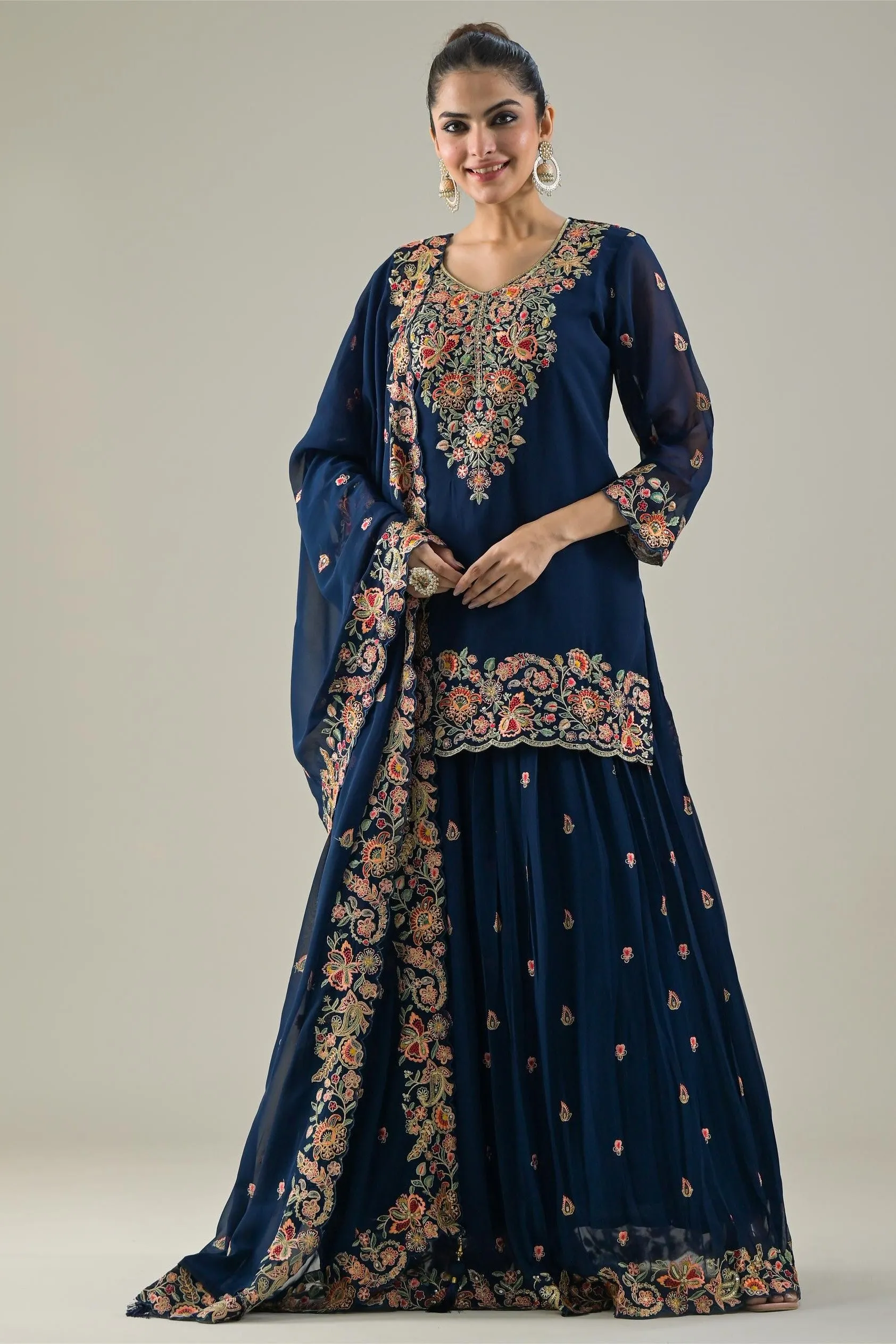 Deep Blue Embroidered Georgette Silk Lehenga Set