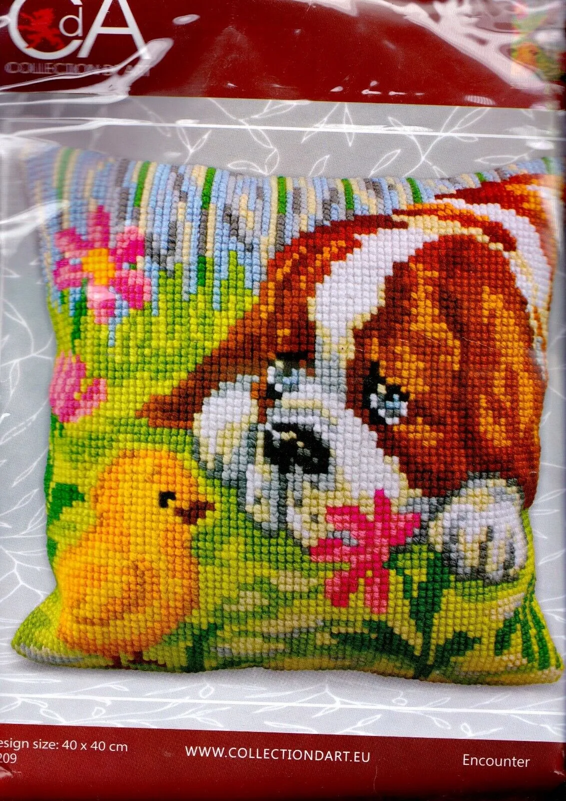 DIY Collection D'Art Puppy Dog Chick Cross Stitch Needlepoint 16" Pillow Top Kit
