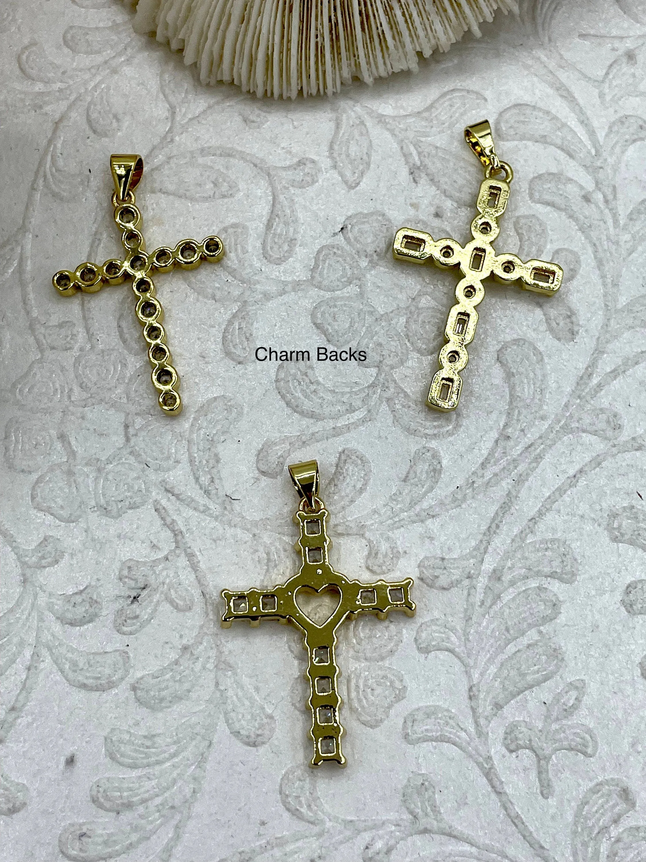 Gold Cross Charms with Cubic Zirconia, Gold Religious Cross, Brass Cross Charm, Gold Cross Pendant with clear CZ, 3 styles, Fast Ship