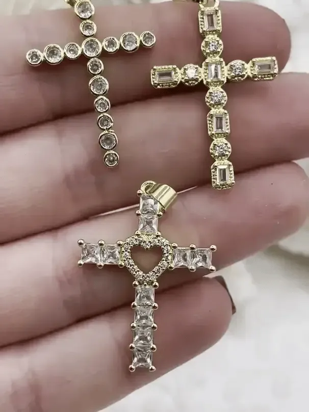 Gold Cross Charms with Cubic Zirconia, Gold Religious Cross, Brass Cross Charm, Gold Cross Pendant with clear CZ, 3 styles, Fast Ship