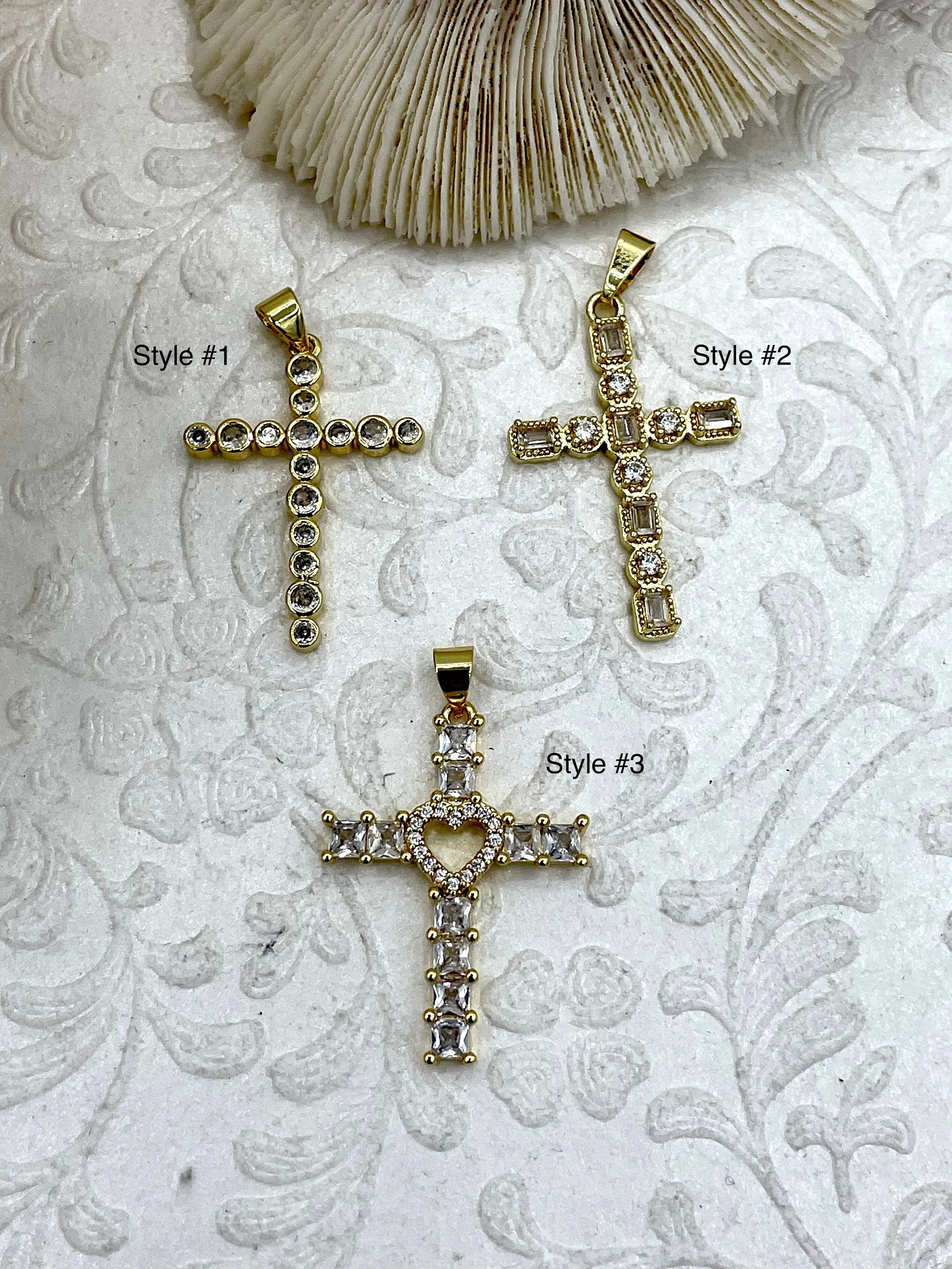 Gold Cross Charms with Cubic Zirconia, Gold Religious Cross, Brass Cross Charm, Gold Cross Pendant with clear CZ, 3 styles, Fast Ship