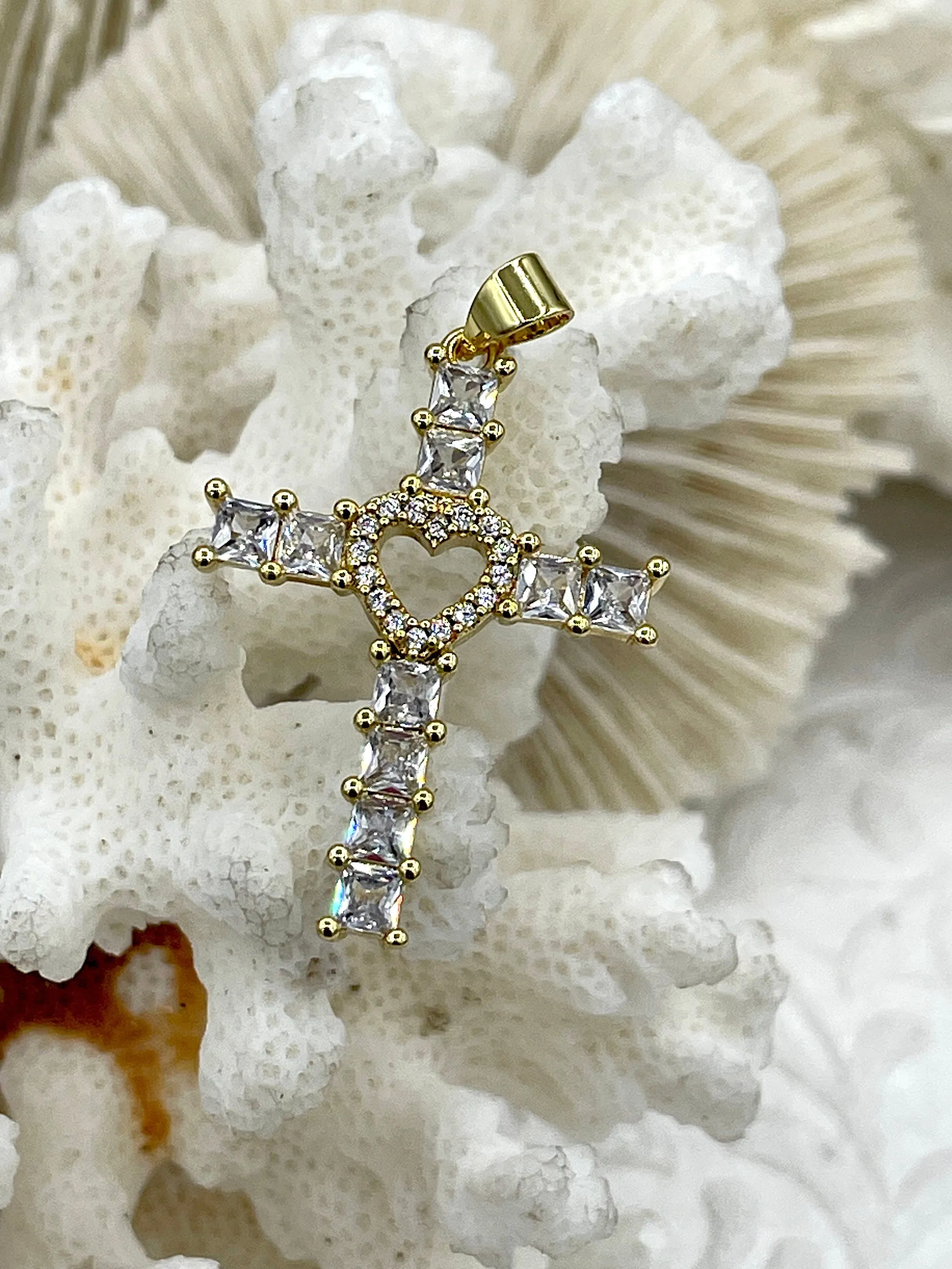 Gold Cross Charms with Cubic Zirconia, Gold Religious Cross, Brass Cross Charm, Gold Cross Pendant with clear CZ, 3 styles, Fast Ship