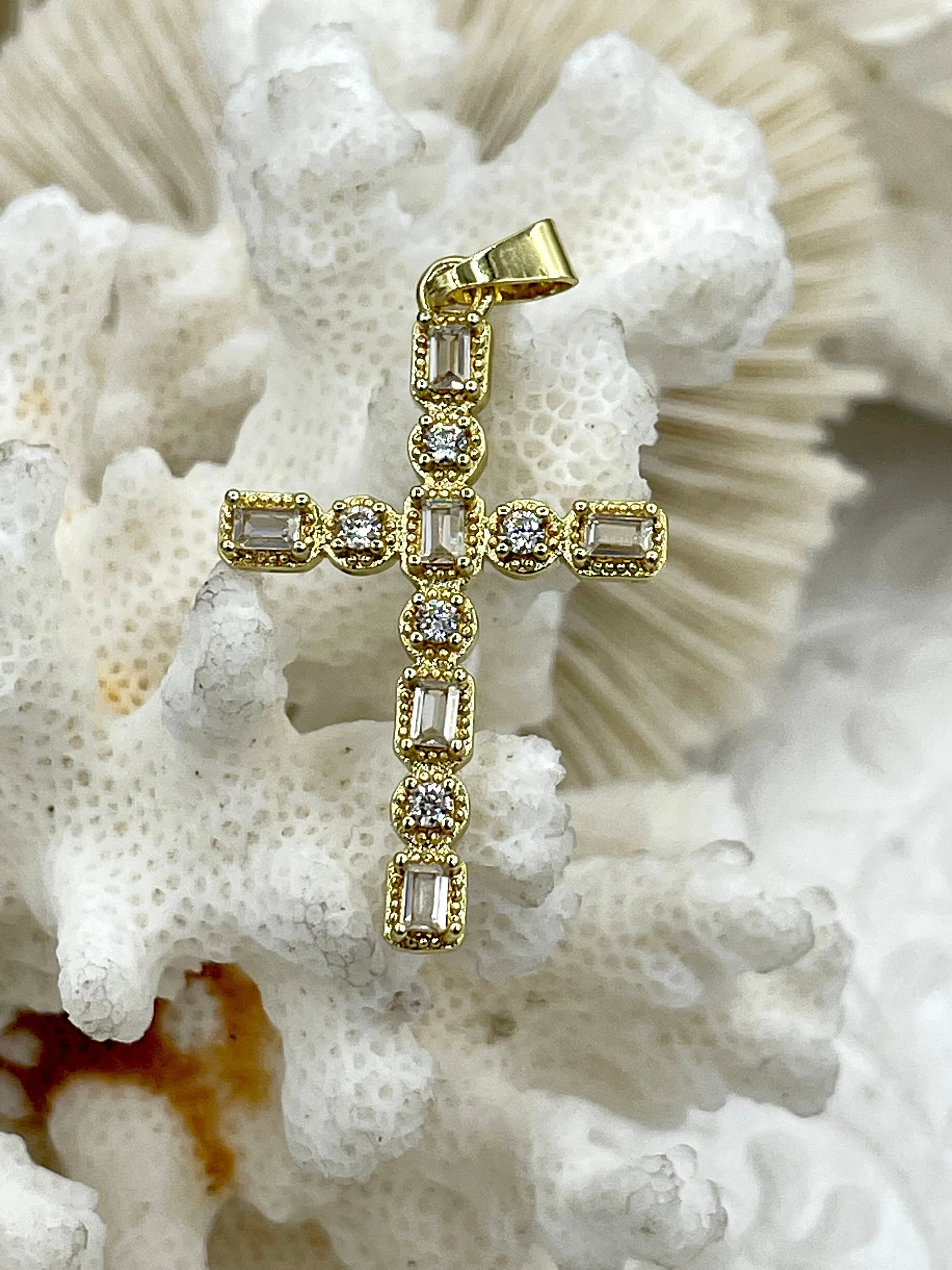 Gold Cross Charms with Cubic Zirconia, Gold Religious Cross, Brass Cross Charm, Gold Cross Pendant with clear CZ, 3 styles, Fast Ship