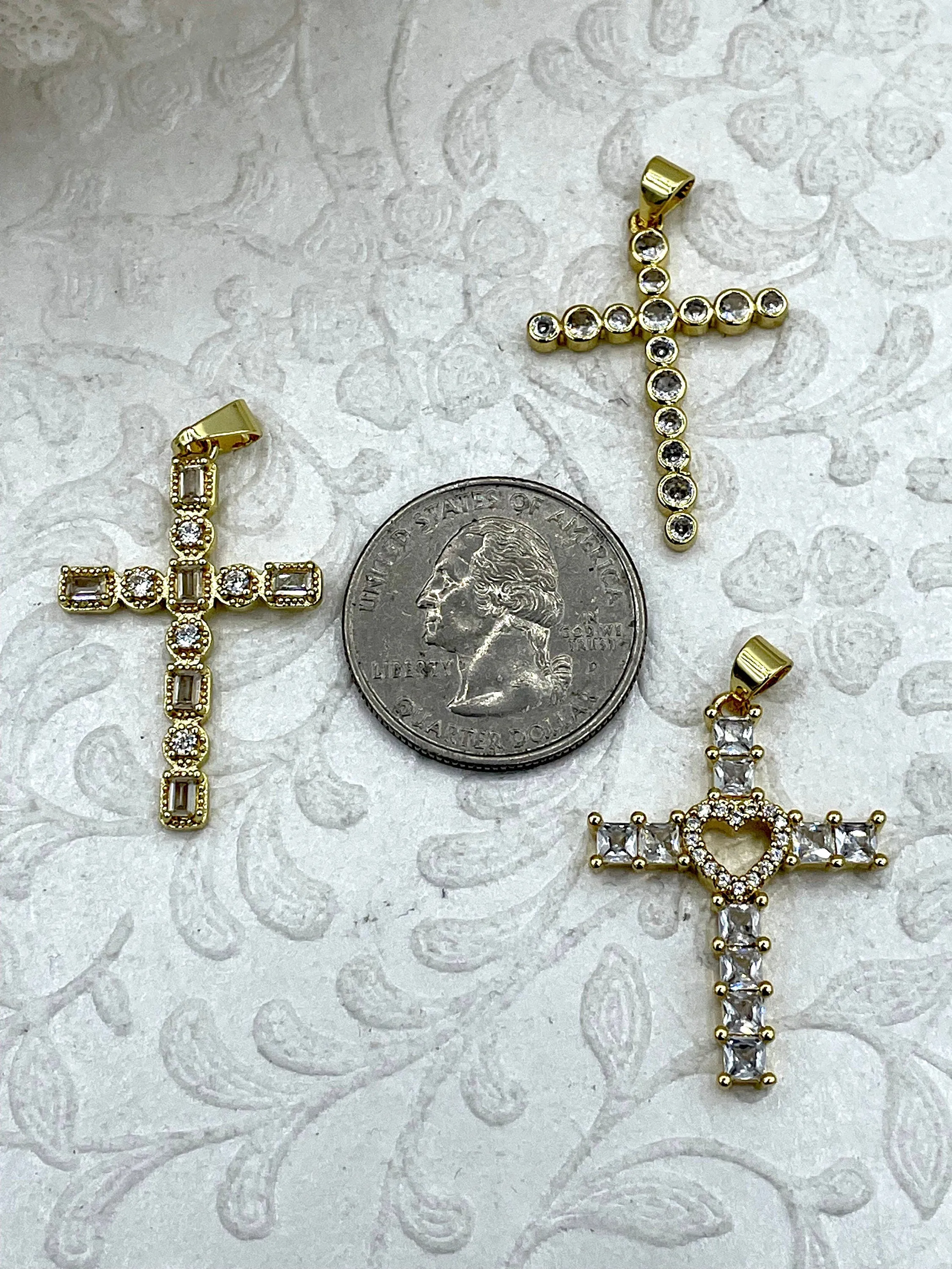 Gold Cross Charms with Cubic Zirconia, Gold Religious Cross, Brass Cross Charm, Gold Cross Pendant with clear CZ, 3 styles, Fast Ship