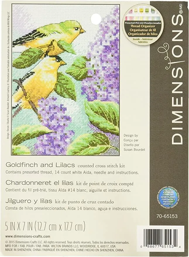GOLDFINCH AND LILACS, Counted Cross Stitch Kit, 14 count white Aida, DIMENSIONS (70-65153)