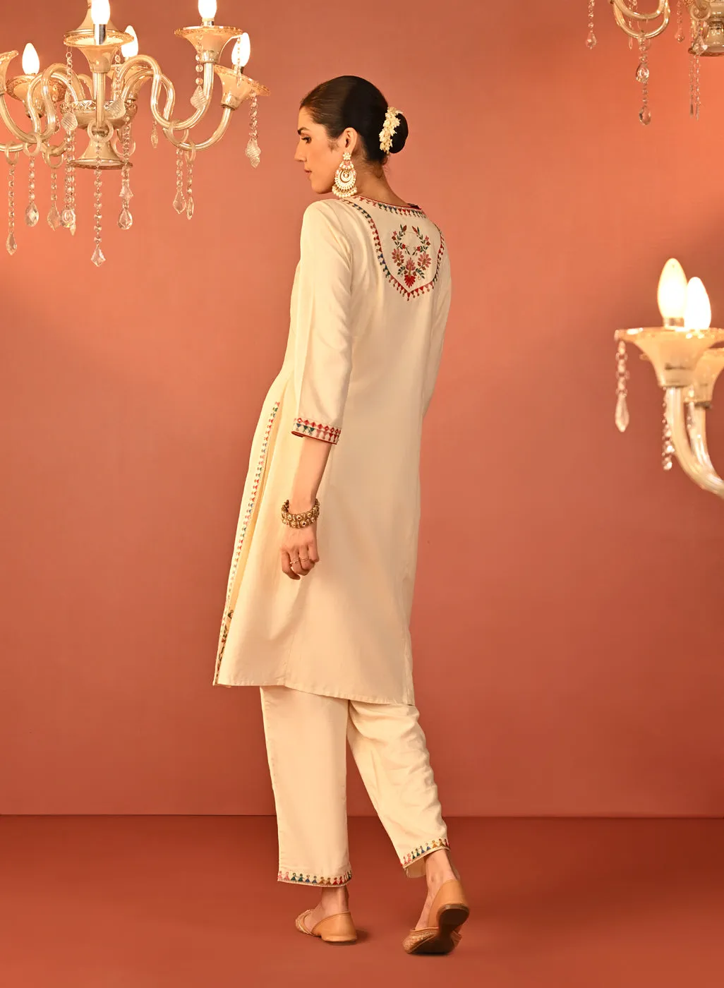 Irina Ivory Embroidered Khadi Cotton Co-ord Set for Women