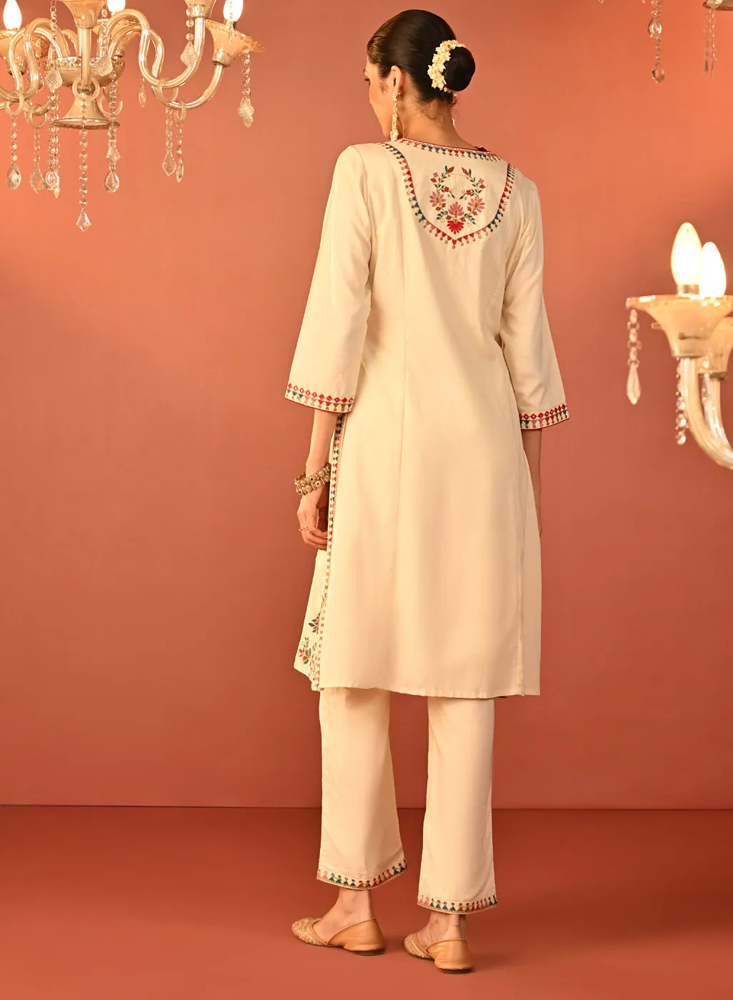 Irina Ivory Embroidered Khadi Cotton Co-ord Set for Women