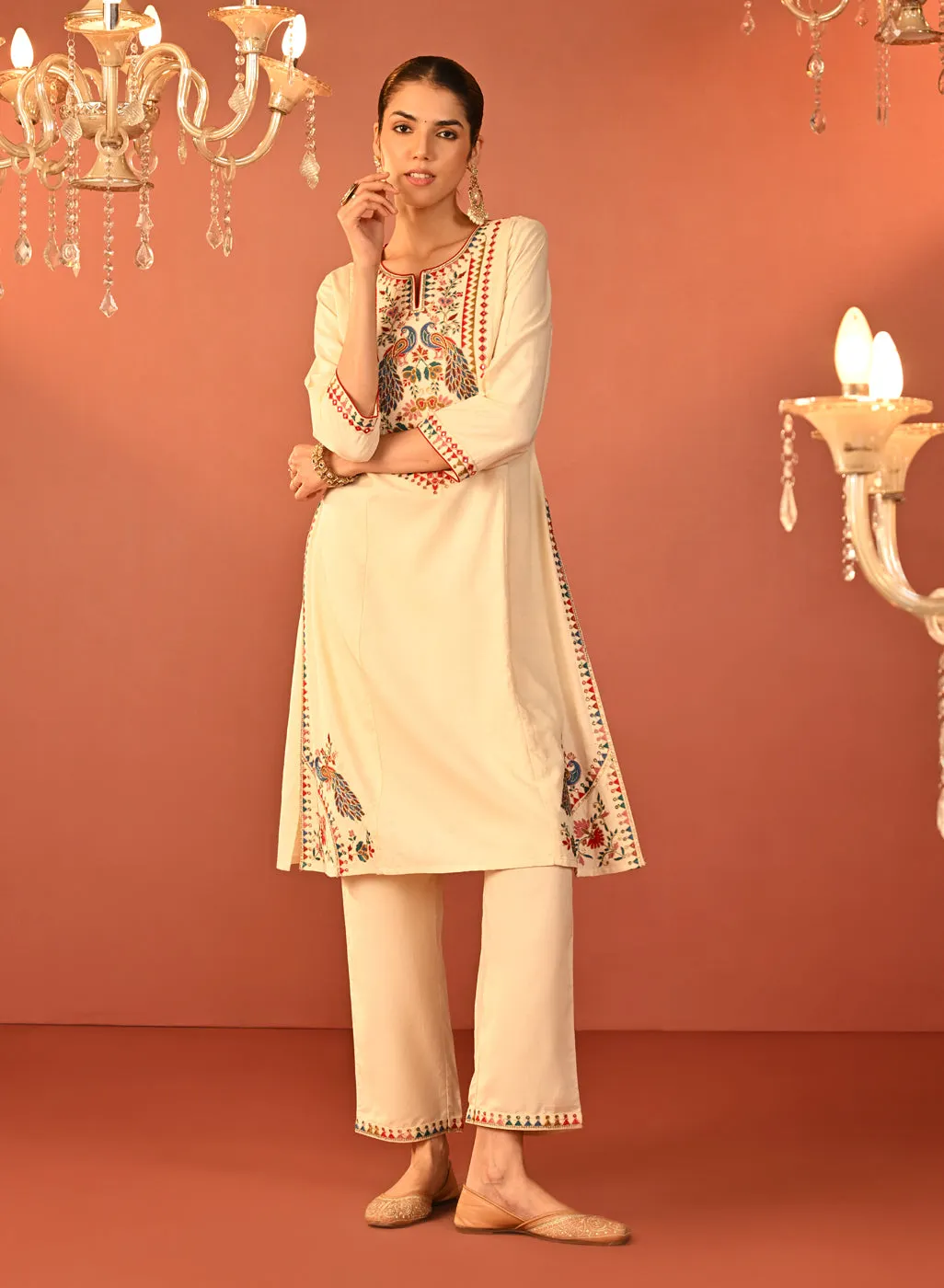 Irina Ivory Embroidered Khadi Cotton Co-ord Set for Women