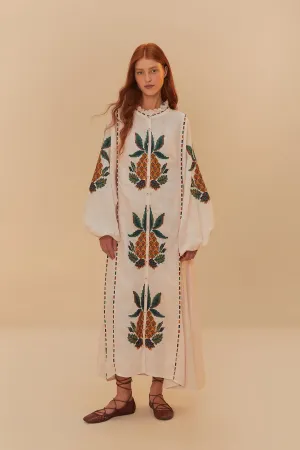 Light Pink Cross Stitch Pineapple Embroidered Midi Dress