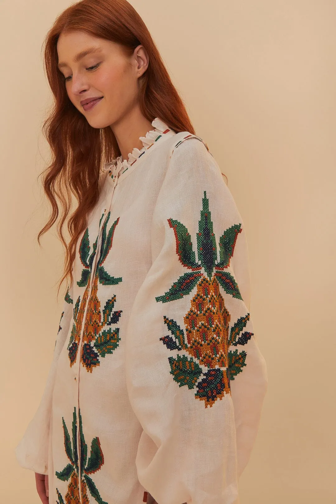 Light Pink Cross Stitch Pineapple Embroidered Midi Dress