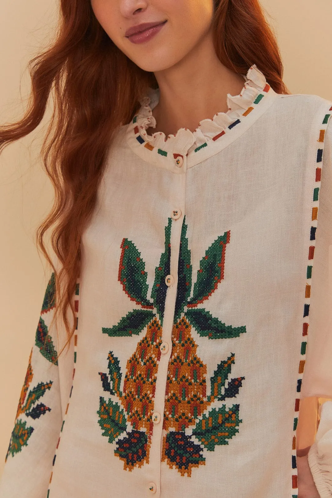 Light Pink Cross Stitch Pineapple Embroidered Midi Dress