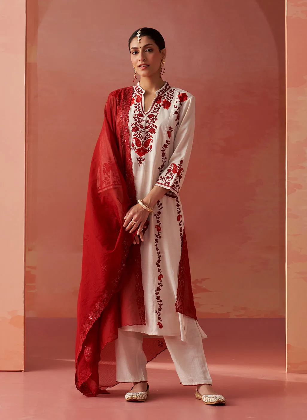 Noura Ivory Embroidered Cotton Linen Kurta Set for Women