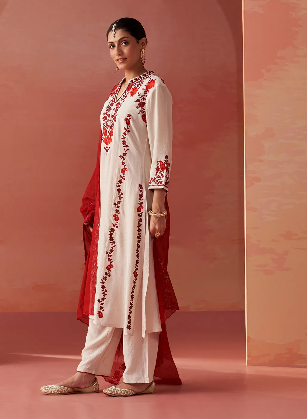 Noura Ivory Embroidered Cotton Linen Kurta Set for Women
