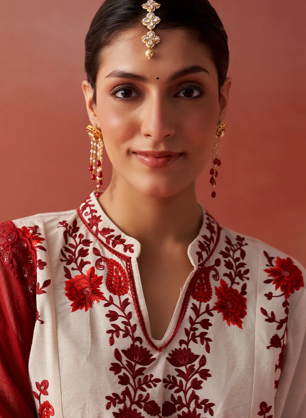 Noura Ivory Embroidered Cotton Linen Kurta Set for Women