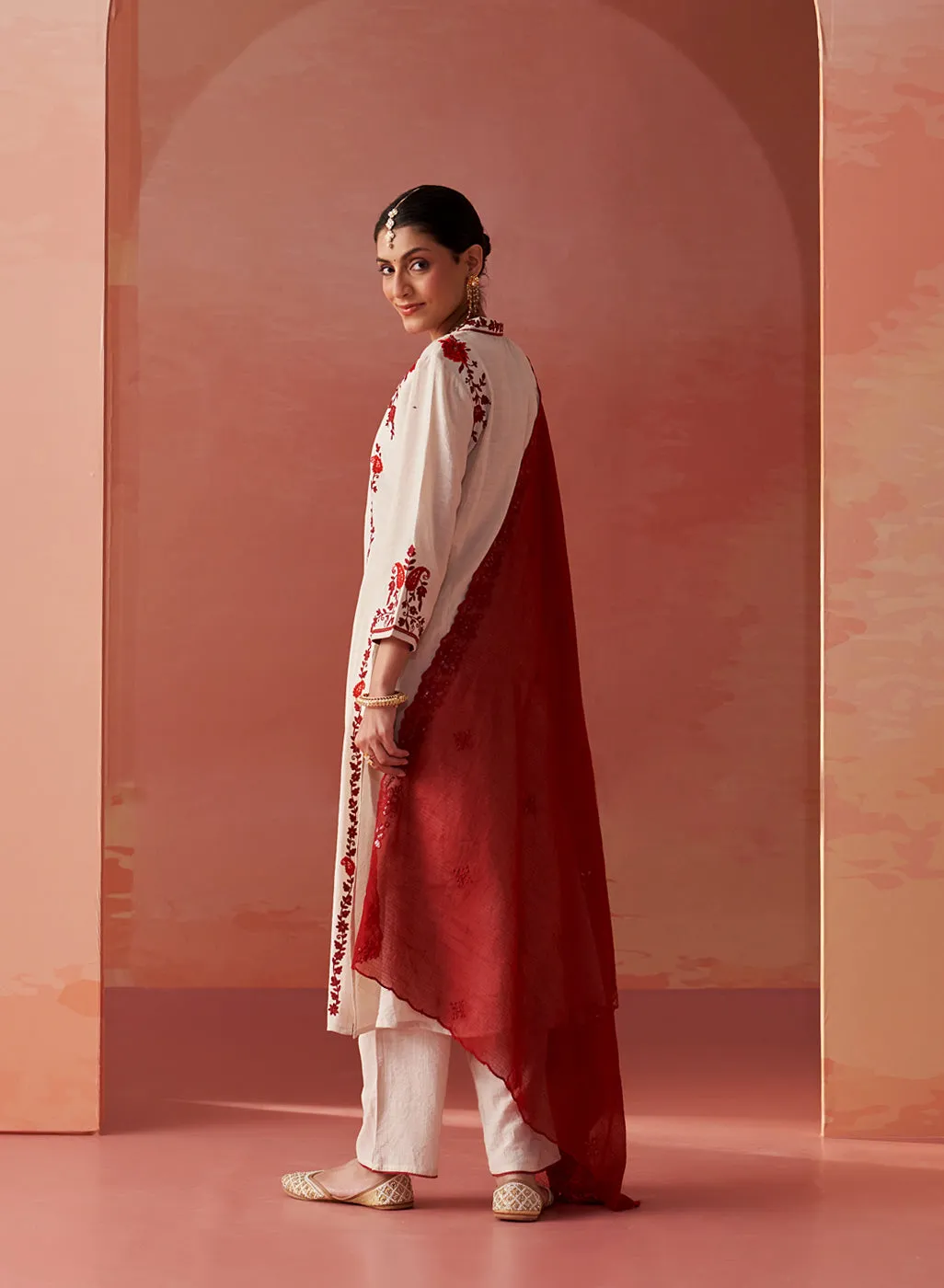 Noura Ivory Embroidered Cotton Linen Kurta Set for Women