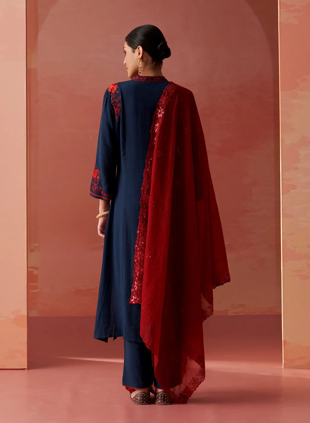 Noura Navy Blue Embroidered Cotton Linen Kurta Set for Women