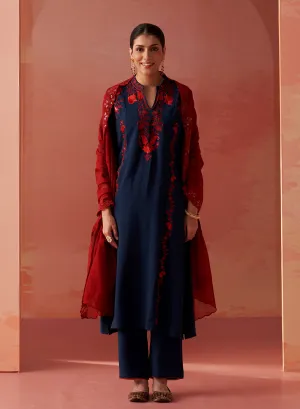 Noura Navy Blue Embroidered Cotton Linen Kurta Set for Women