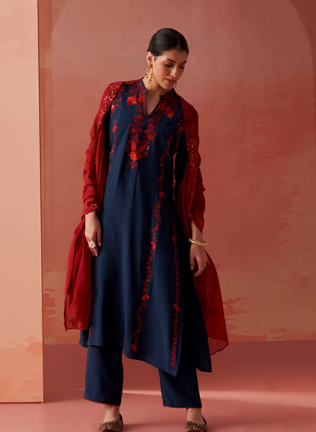 Noura Navy Blue Embroidered Cotton Linen Kurta Set for Women
