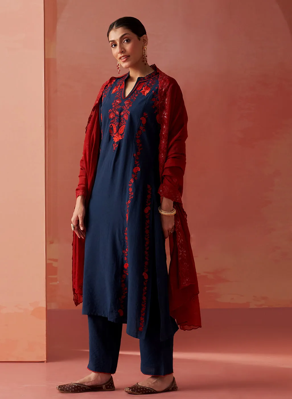 Noura Navy Blue Embroidered Cotton Linen Kurta Set for Women