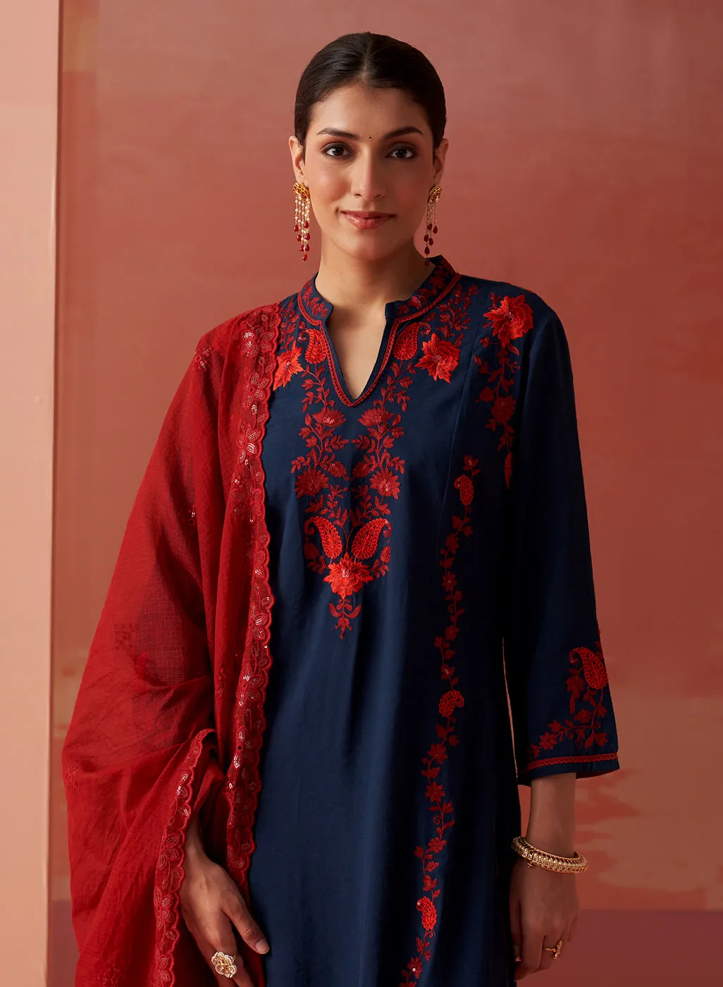Noura Navy Blue Embroidered Cotton Linen Kurta Set for Women