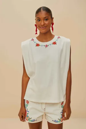 Off-White Cross Stitch Flowers Organic Cotton T-Shirt