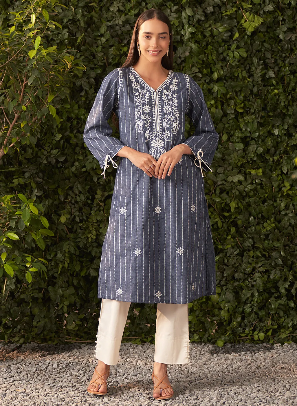 Shaina Blue Chambray Embroidered Chambray Kurta for Women