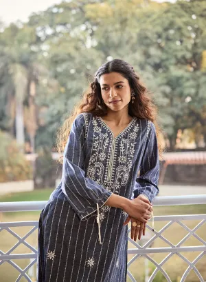 Shaina Blue Chambray Embroidered Chambray Kurta for Women