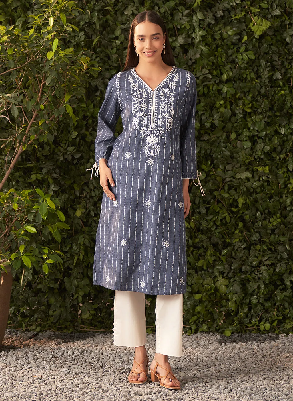 Shaina Blue Chambray Embroidered Chambray Kurta for Women
