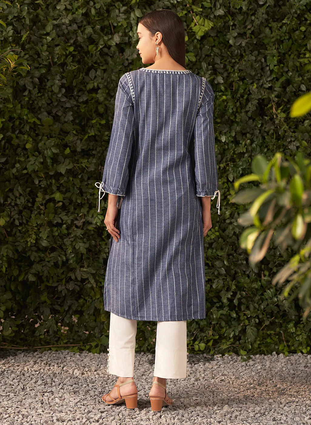 Shaina Blue Chambray Embroidered Chambray Kurta for Women