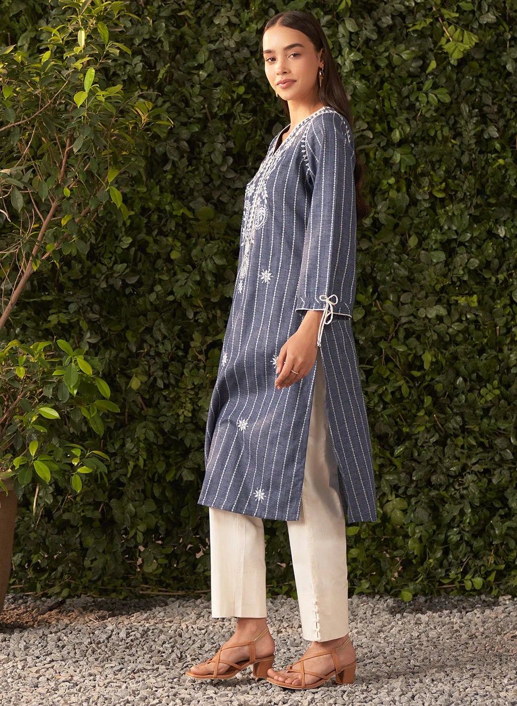 Shaina Blue Chambray Embroidered Chambray Kurta for Women