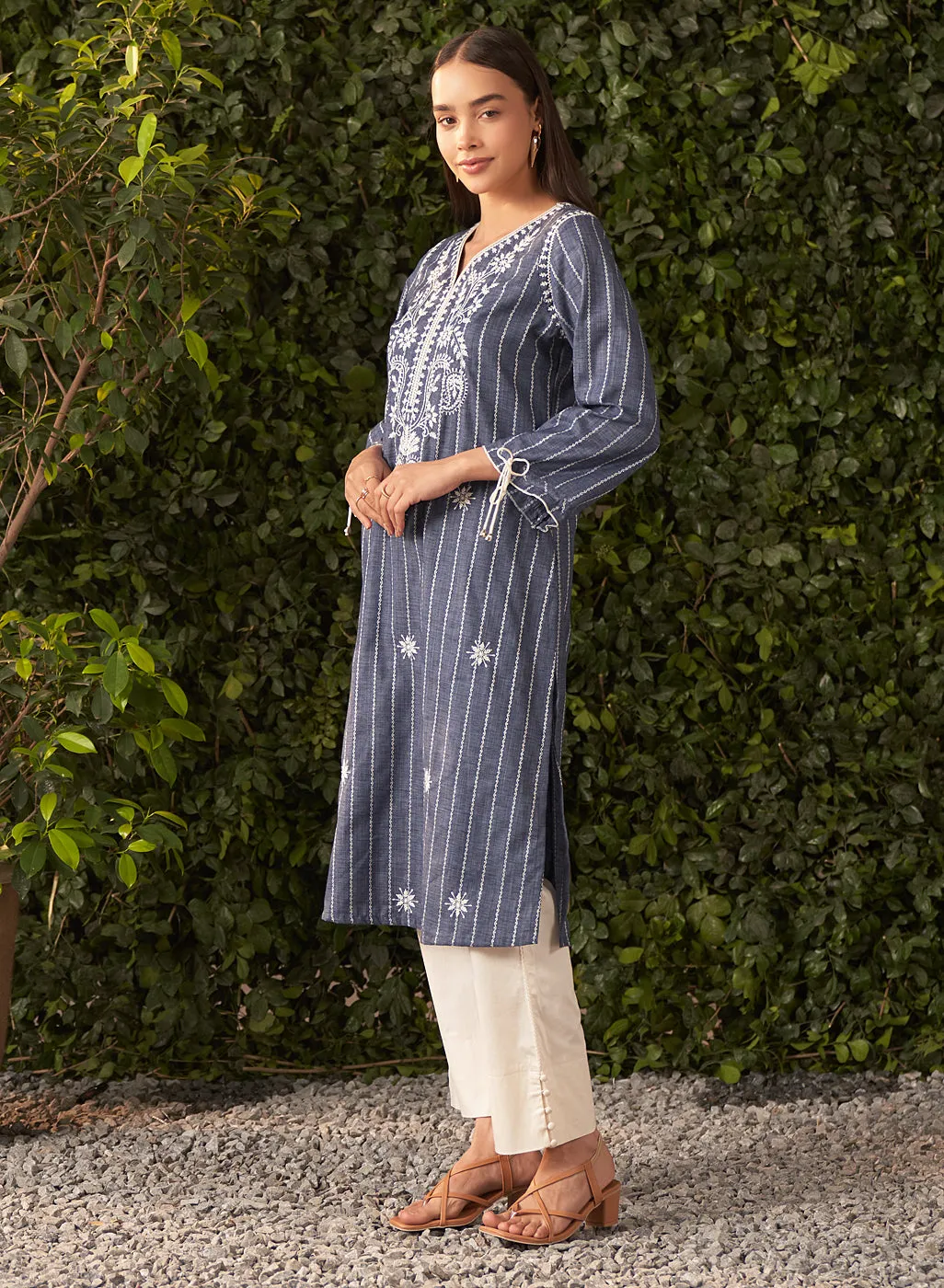 Shaina Blue Chambray Embroidered Chambray Kurta for Women