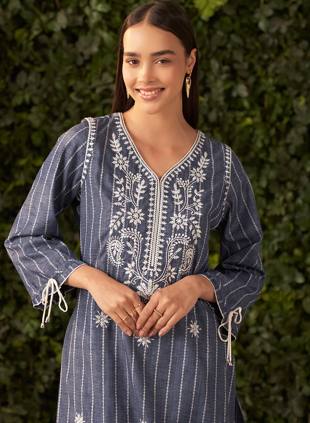 Shaina Blue Chambray Embroidered Chambray Kurta for Women