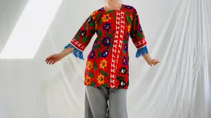 Vintage Uzbek Suzani Silk Embroidered Tunic. S/M.